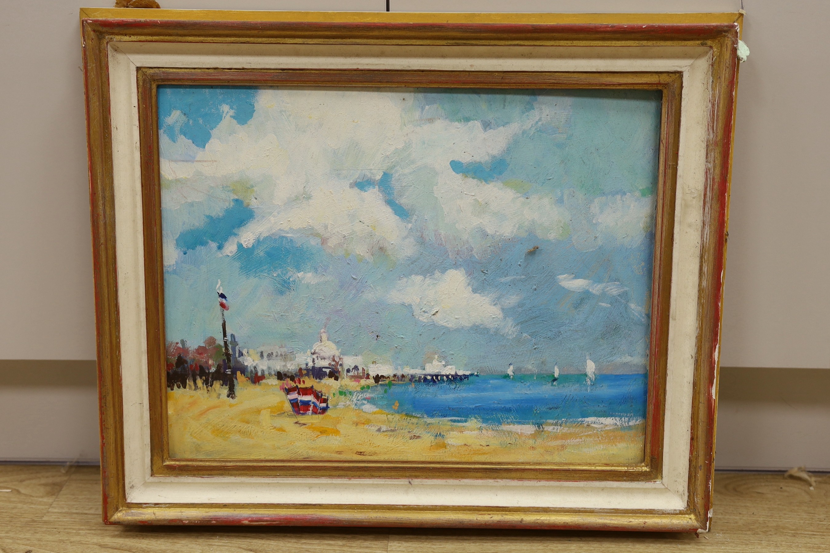 Modern British, oil on board, Beach scene with pier in the distance, 39 x 50cm